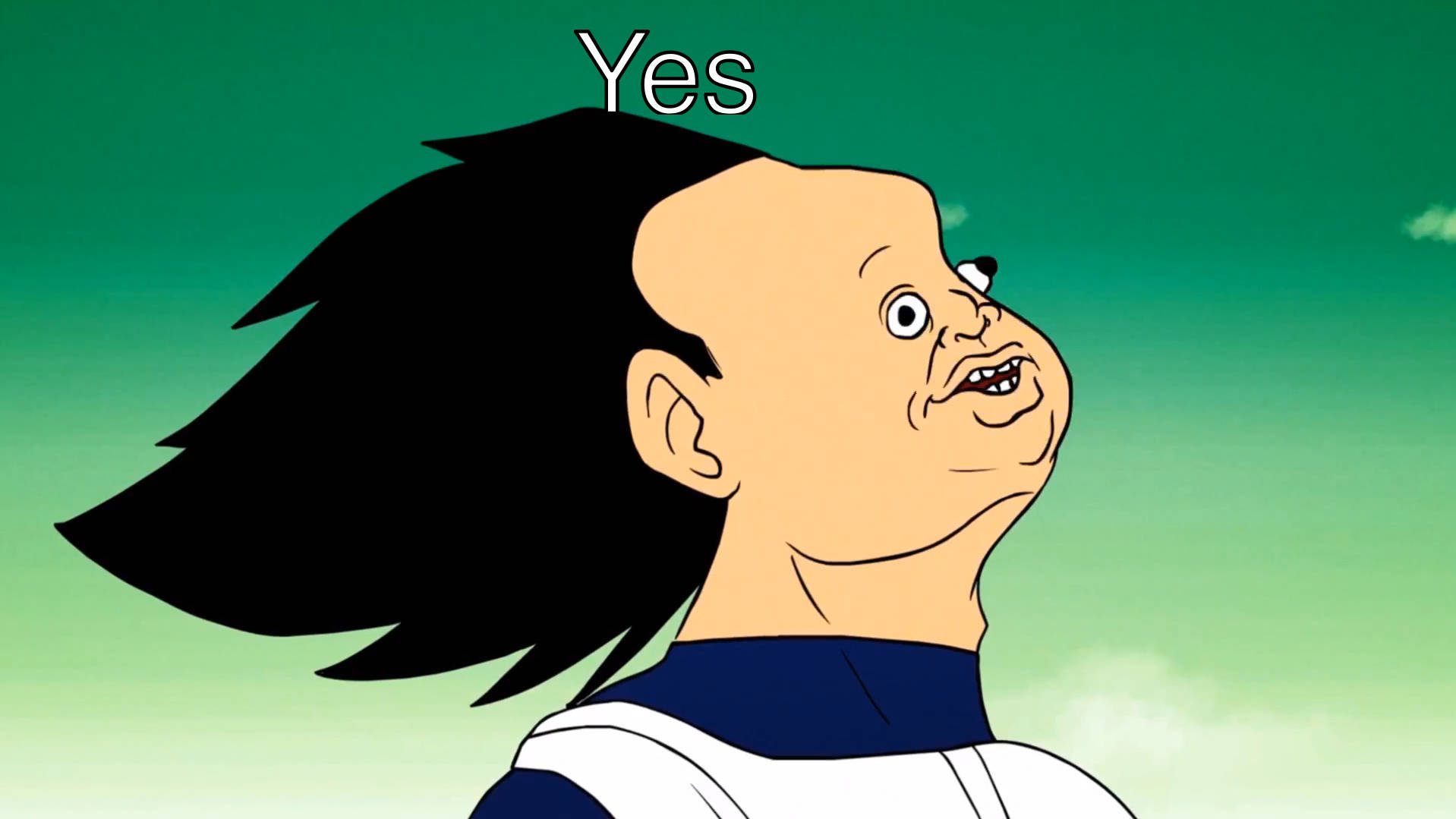 貝吉塔「Yes」搞笑表情 壁紙 — 動漫角色擁有刺蝟般的黑髮和大眼睛，在綠色漸變的天空下咧嘴向上看，上方有「Yes」字樣。