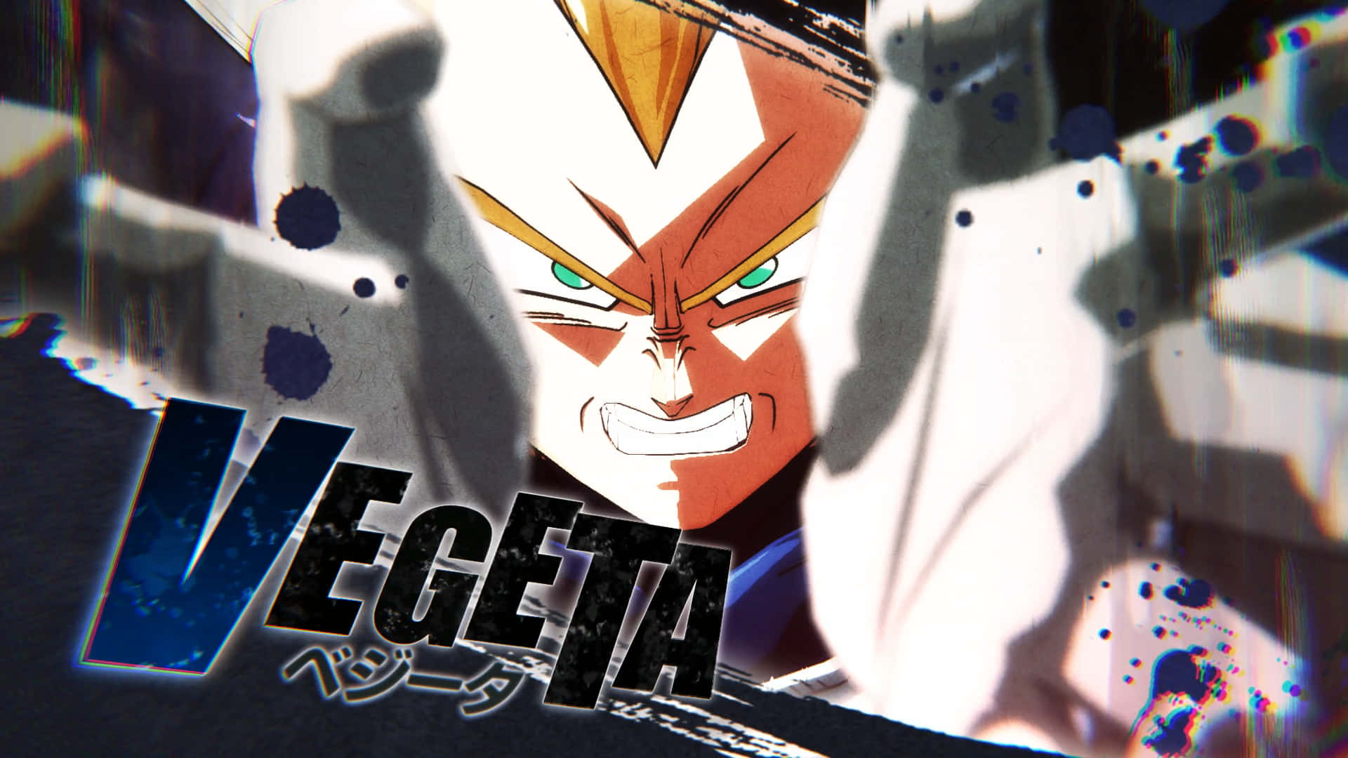 貝吉塔——龍珠戰士 壁紙 — 一個強烈的動漫肖像，描繪比達（Vegeta）擁有發光的綠色眼睛和兇猛的表情，背景是故障抽象風格。