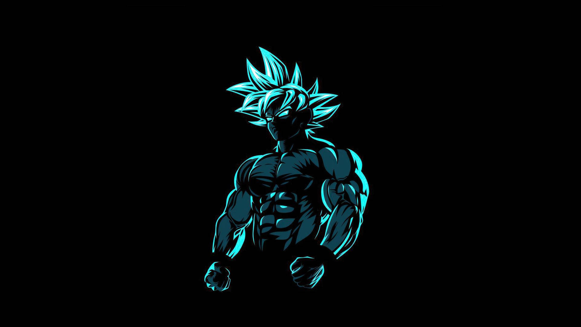 藍色發光動漫戰士，尖刺頭髮和肌肉發達體格，黑色背景。