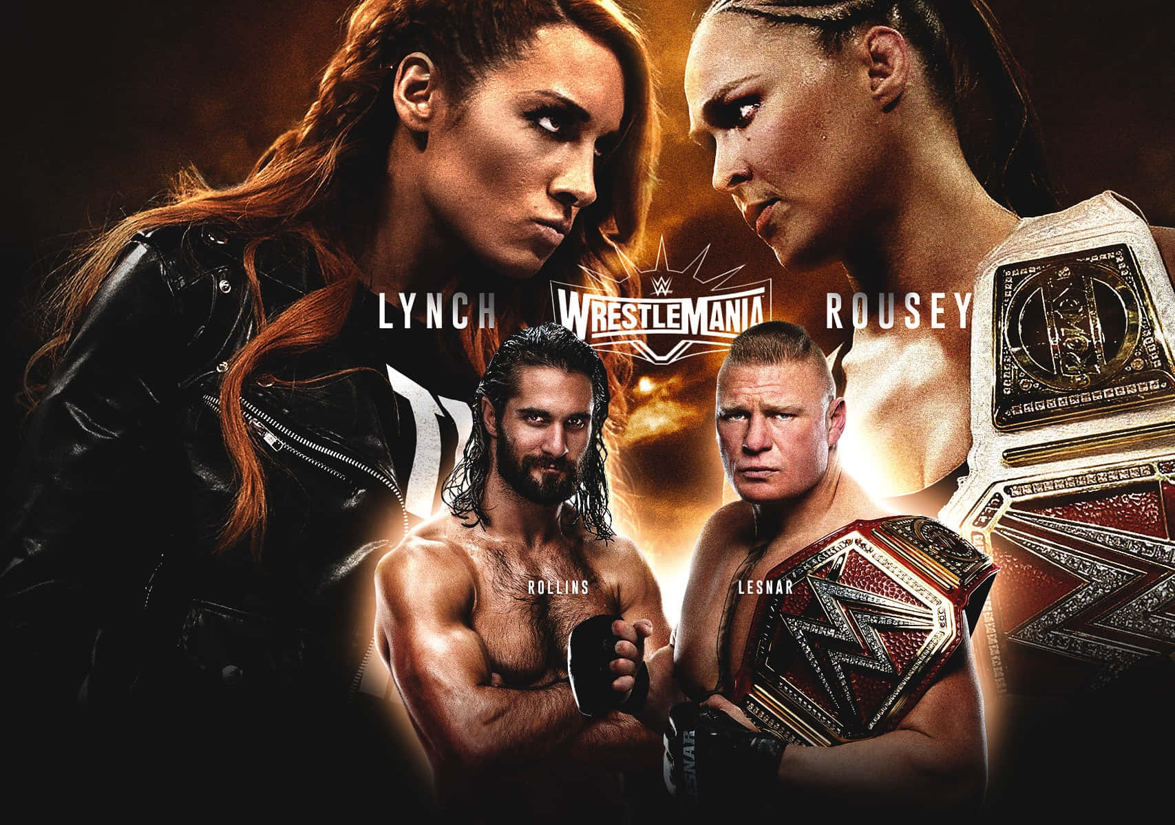 WWE摔角手Lynch、Rousey、Rollins、Lesnar手持冠軍腰帶對峙。