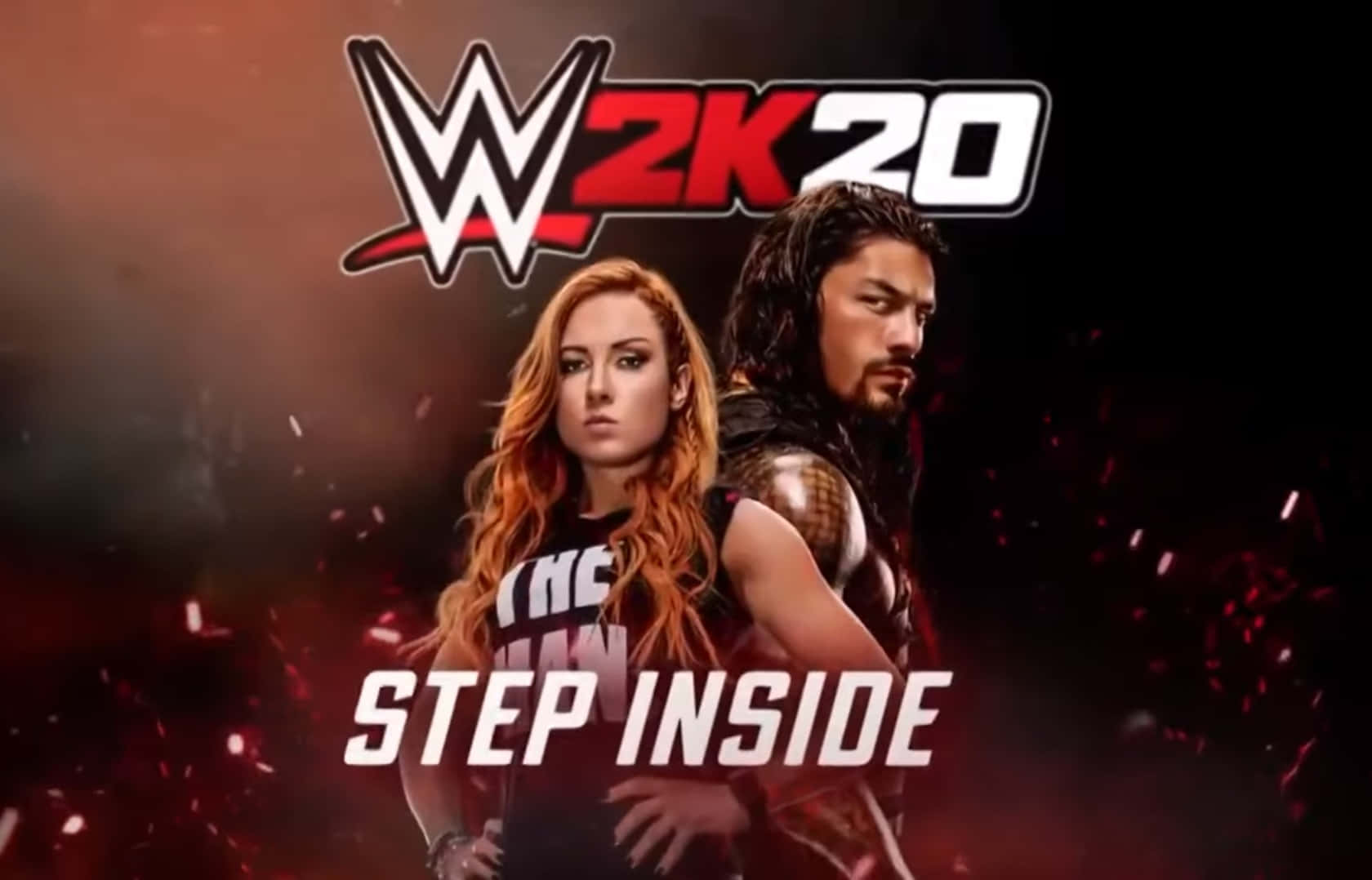 WWE 2K20遊戲封面， featuring 兩位摔角手、火紅背景和step inside文字。