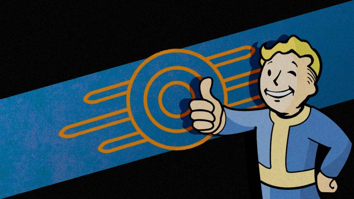貝塞斯達輻射系列經典標誌 壁紙 — 一個開心的卡通Vault Boy在藍色斜紋背景上豎起大拇指，背景有橙色原子符號。