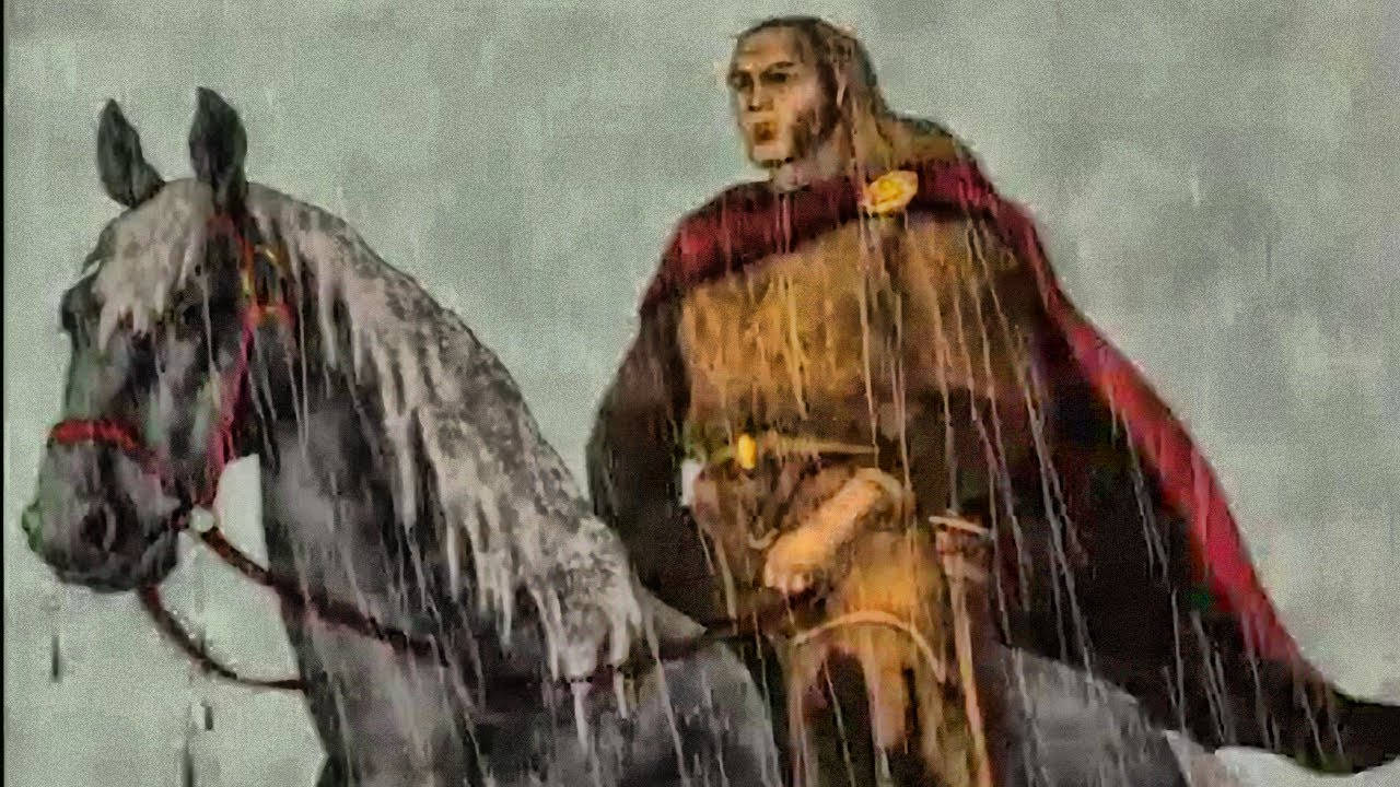 雨中騎馬的騎士，身穿紅色斗篷和盔甲