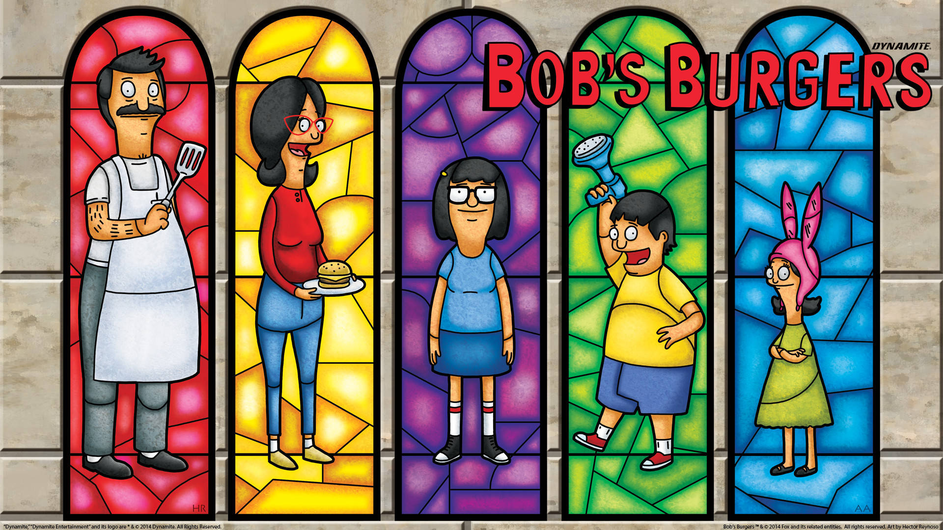 Bob's Burgers 一家作為彩色玻璃人物在鮮豔的面板中。