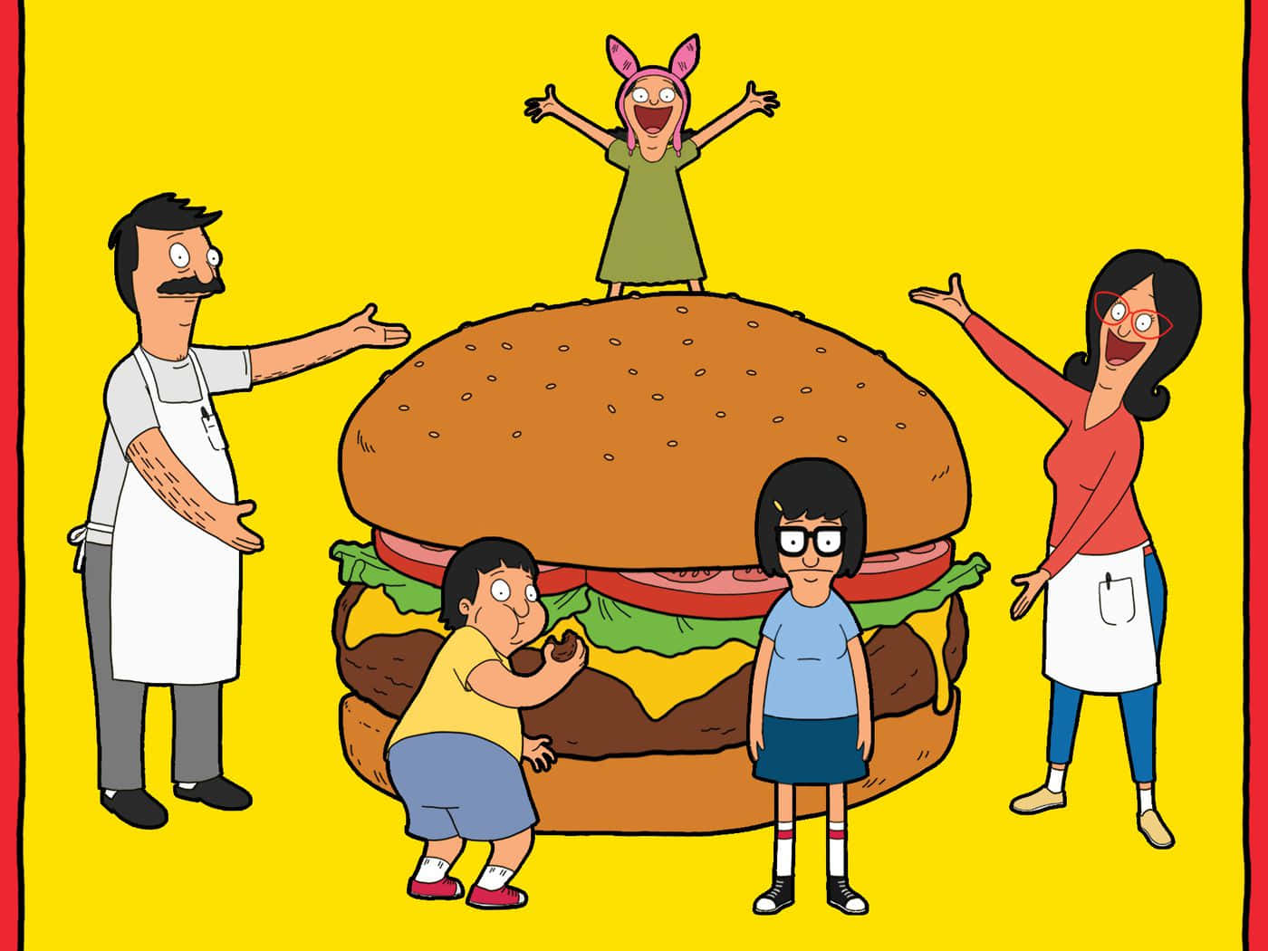 貝徹家族展示巨型漢堡 - Bob's Burgers 背景 壁紙 — Bob's Burgers 一家圍著一個巨型漢堡，表情歡樂，背景是明亮的黃色。