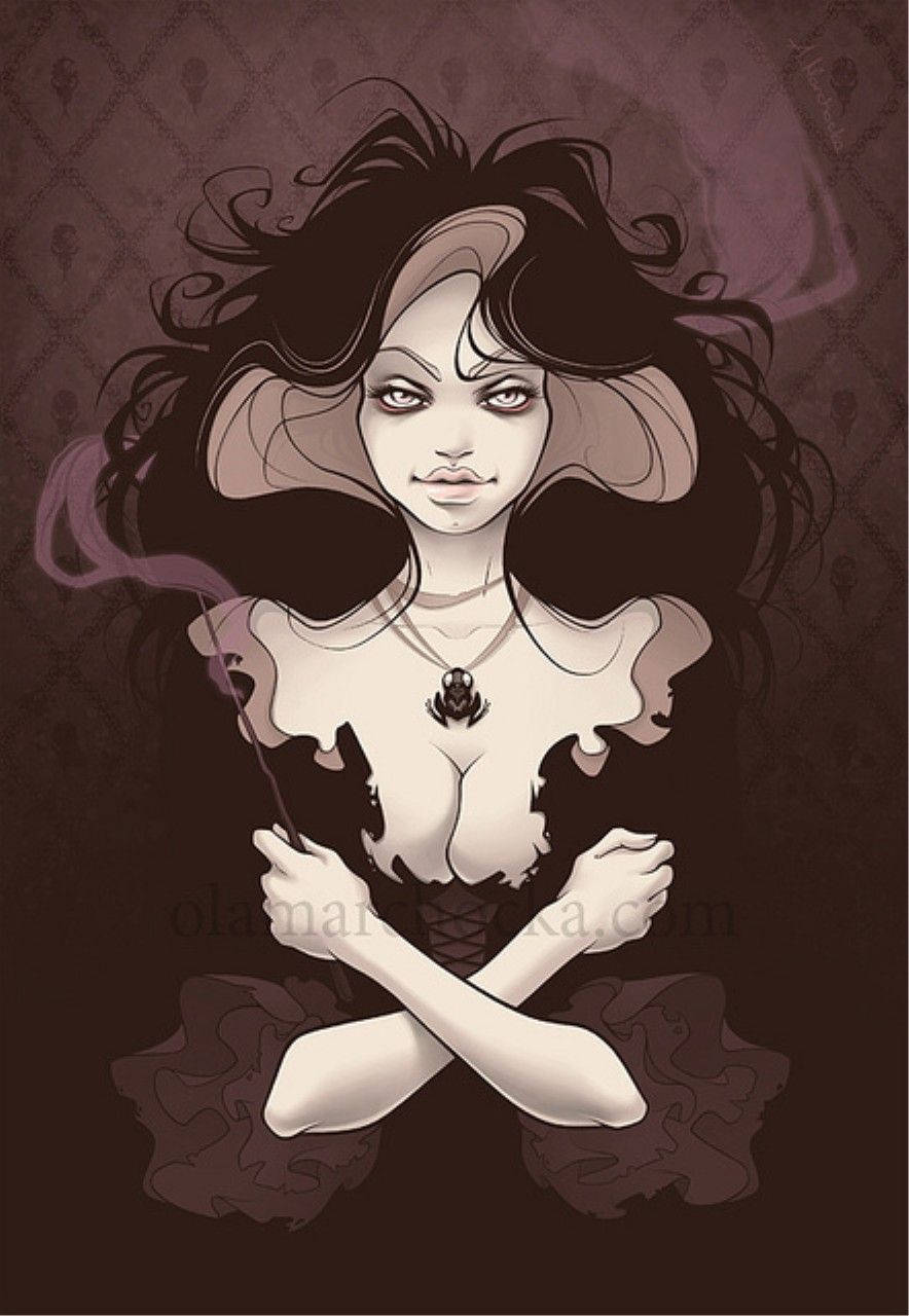 一位哥德式女性，頭髮狂野，在深紫色環境中抽煙。