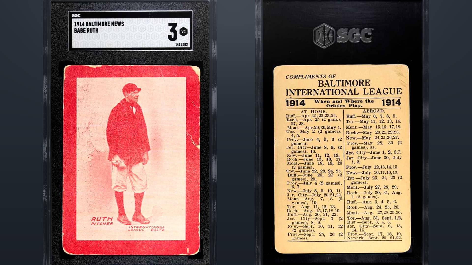 貝比·魯斯棒球卡 壁紙 — 1914年復古棒球卡， featuring Babe Ruth 作為投手，背面有詳細賽程，封裝在保護套中。