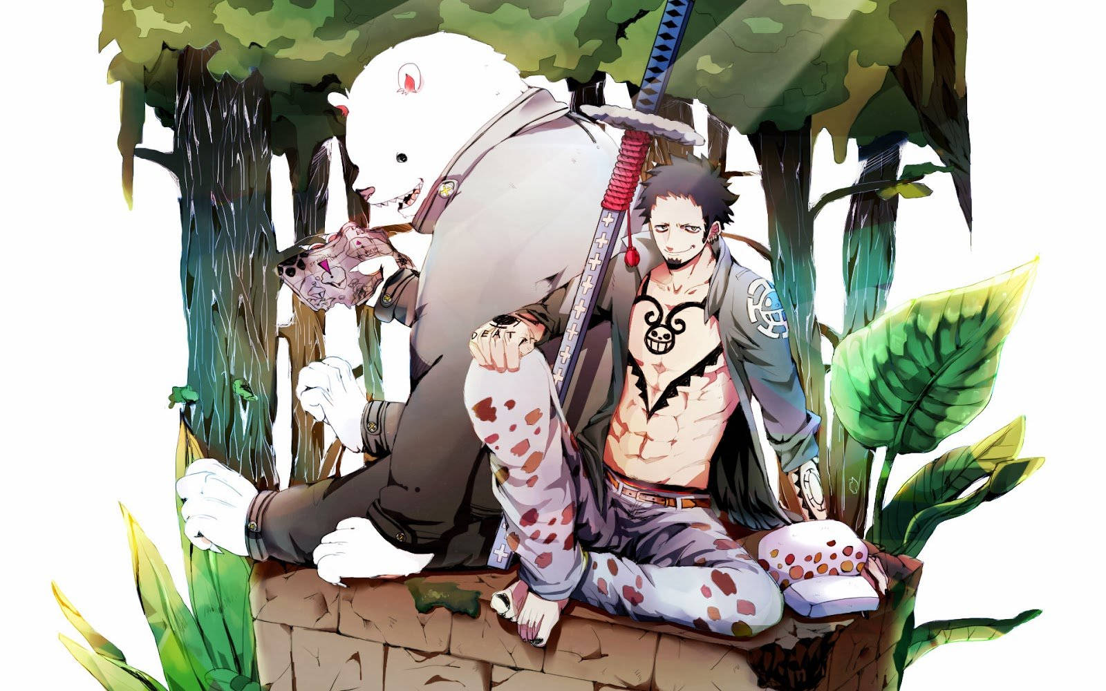 貝波與特拉法爾加·羅《海賊王》數位藝術 壁紙 — 一個肌肉發達、有紋身的動漫男子坐在茂密綠色叢林中的一隻巨型白熊旁邊。