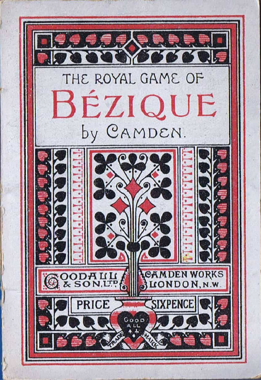 紅、黑、白新藝術風格設計的復古 Bézique 遊戲書封。