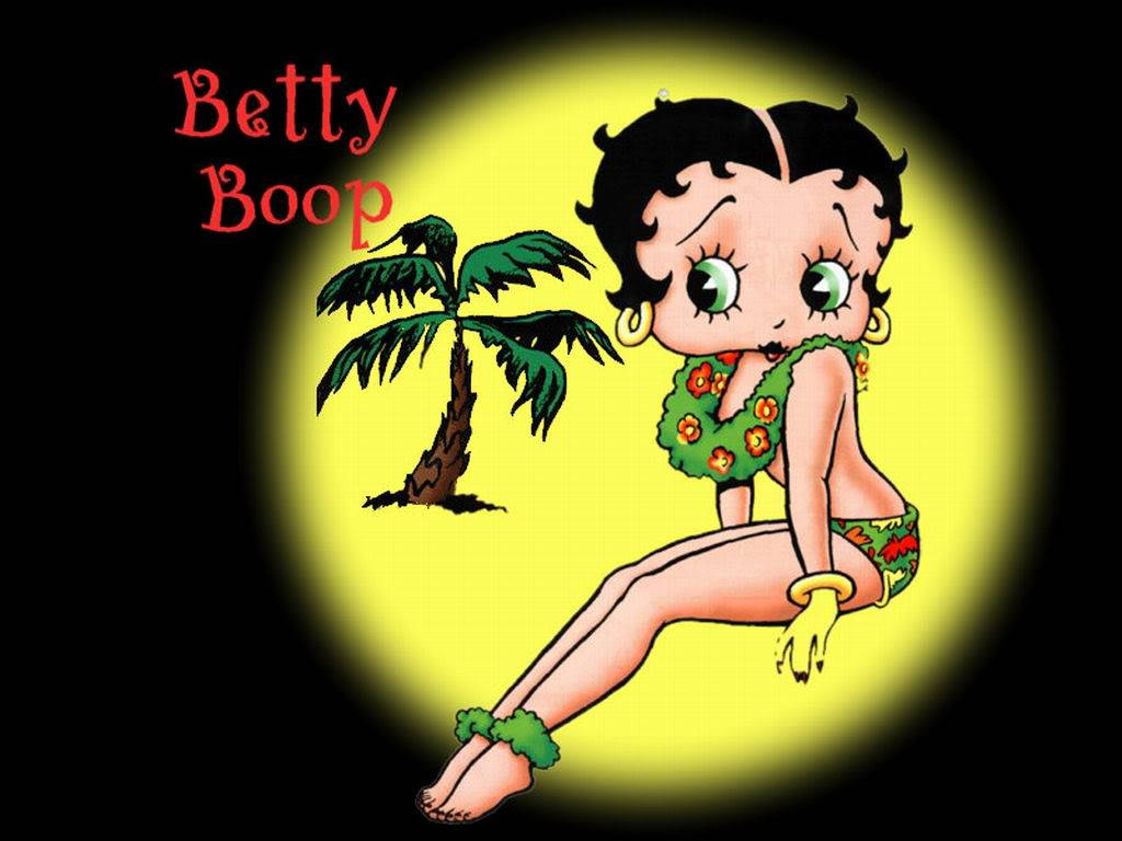 Betty Boop 穿著花卉夏威夷草裙在棕櫚樹旁，背景是發光的黃色圓圈。