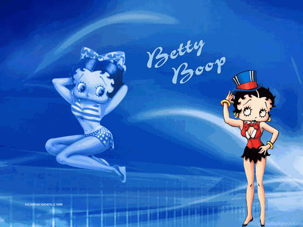 Betty Boop 以兩個姿勢出現，穿著條紋泳衣和紅色服裝配高帽。