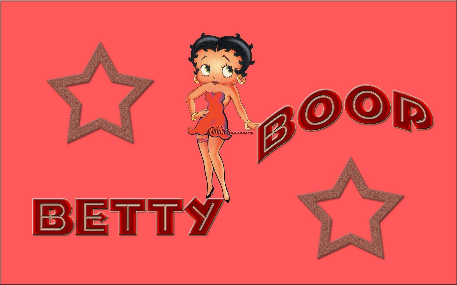 Betty Boop 卡通角色身穿紅色連衣裙，帶有星星和名字文字，背景為粉紅色