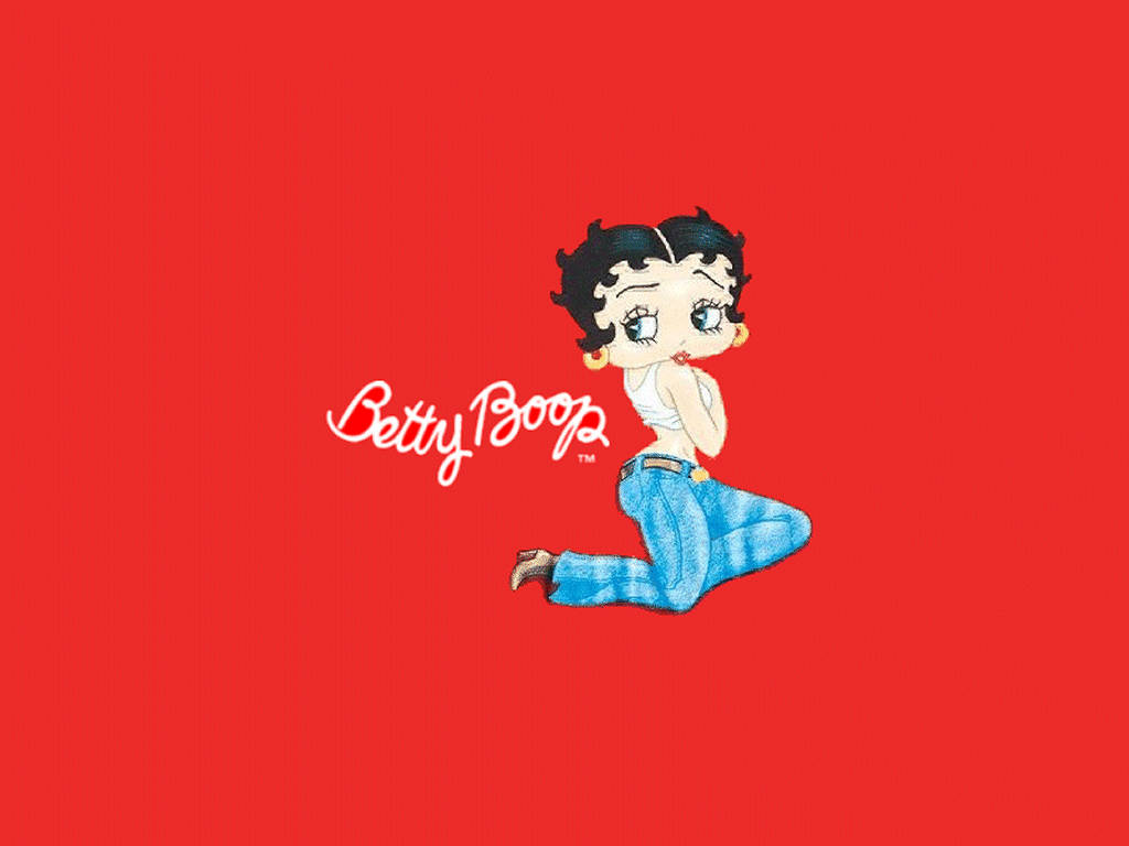 Betty Boop 卡通角色穿著牛仔褲在紅色背景前跪下