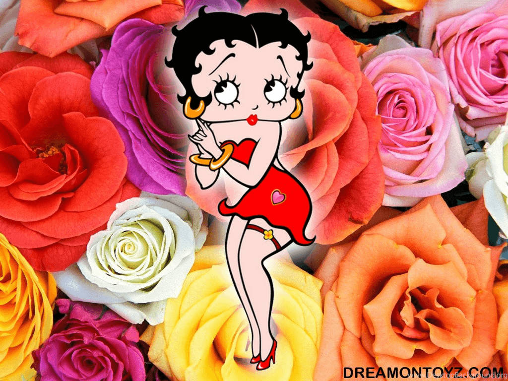 卡通角色 Betty Boop 被色彩繽紛的玫瑰包圍。