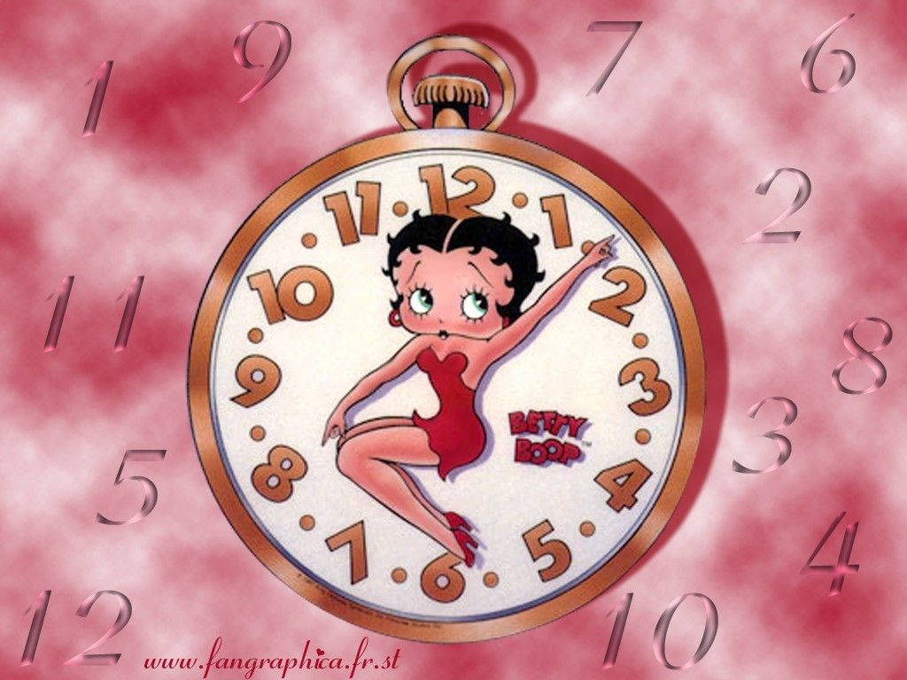 Betty Boop 在懷錶內跳舞，背景是粉紅色和漂浮的數字。