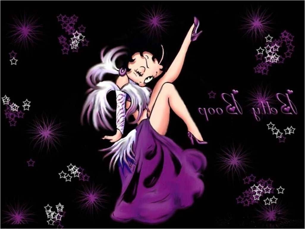 Betty Boop 在夜晚閃爍的星星下穿著紫色連衣裙跳舞。