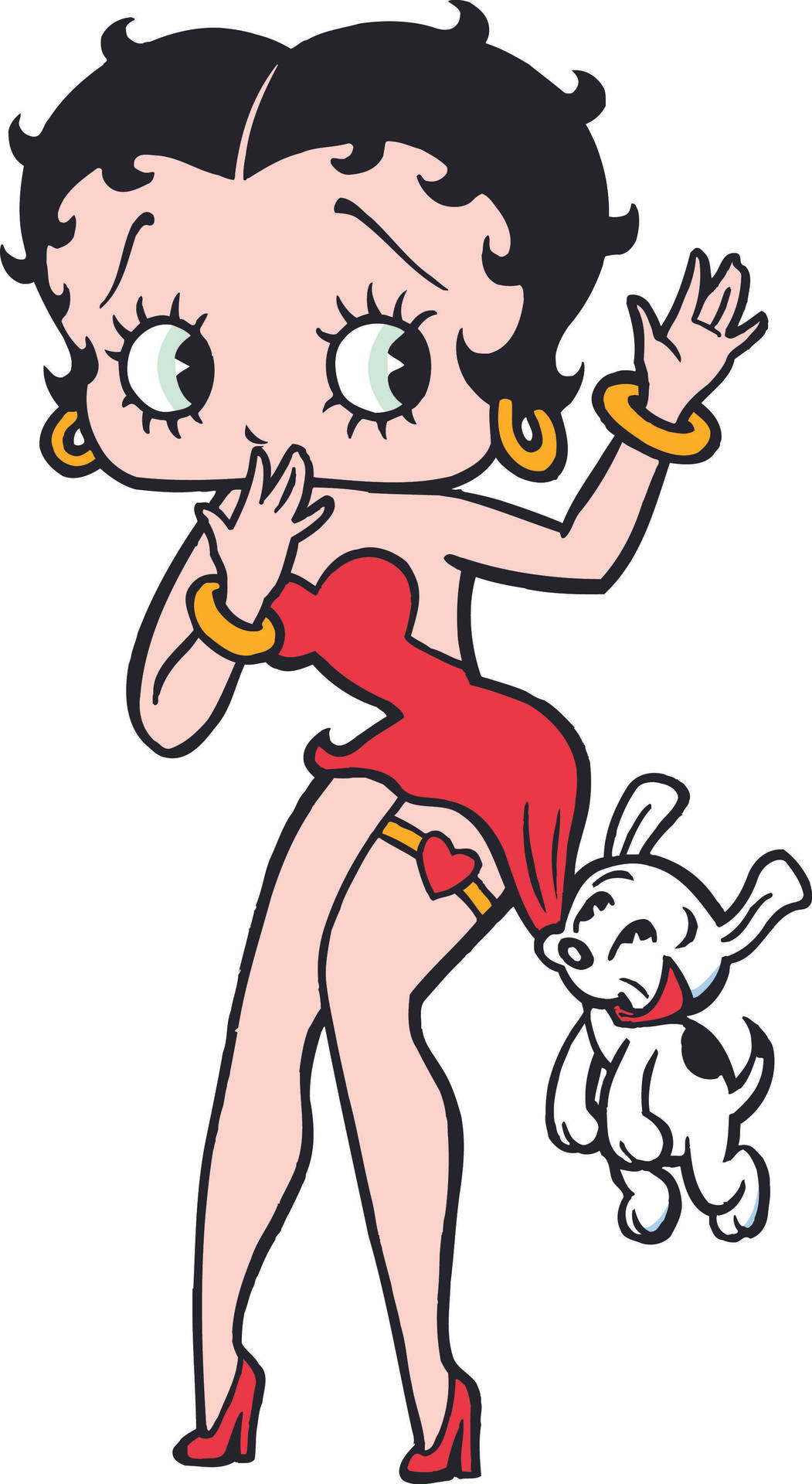 Betty Boop 身穿紅色服裝，旁邊有她的狗在揮手。
