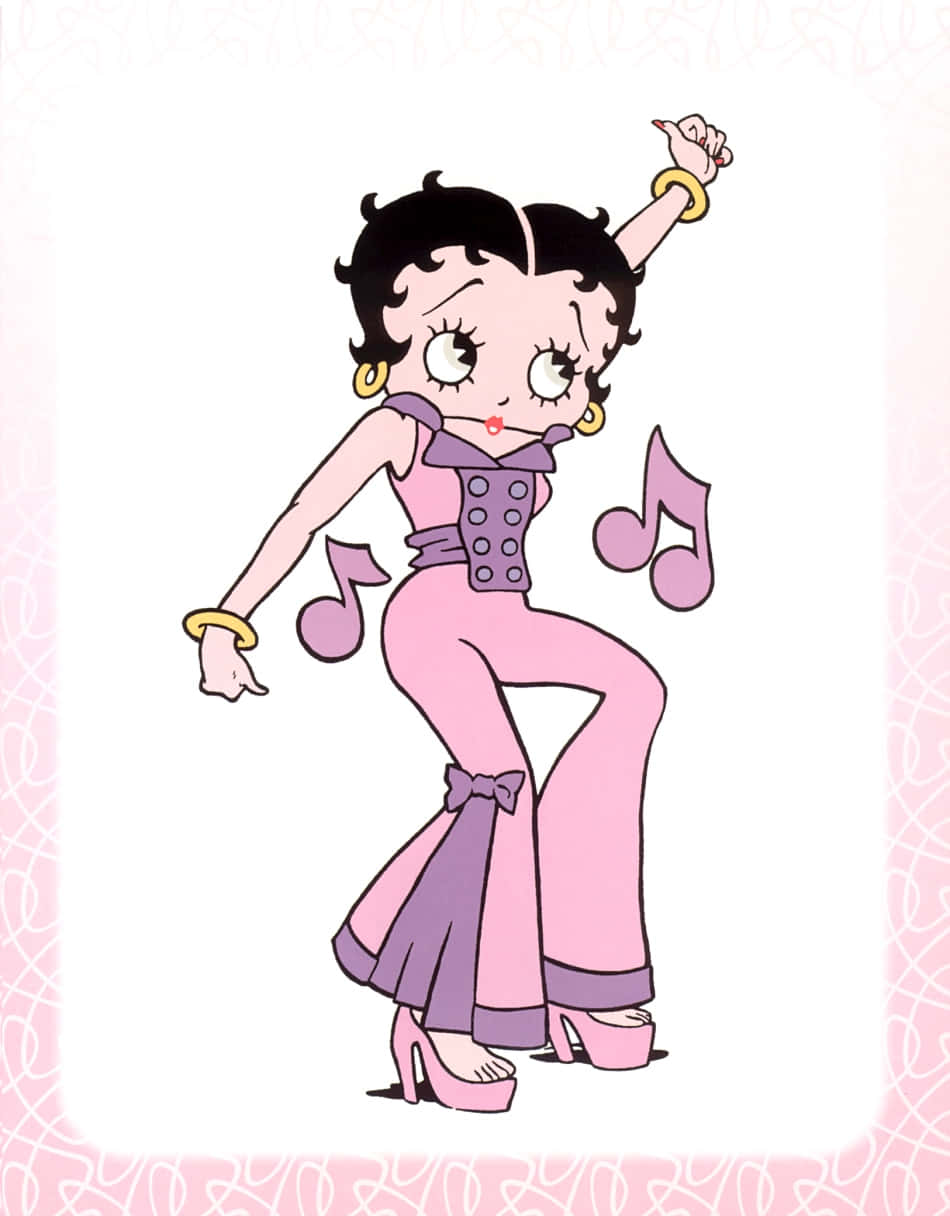 貝蒂·布oop 身著奢華服裝，誇張擺姿 壁紙 — Betty Boop 快樂地跳舞，身穿粉紅色喇叭褲和高跟鞋，音符在她周圍旋轉。