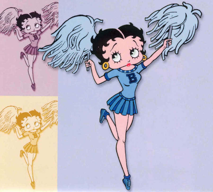 貝蒂·布oop以趣味風格亮相 壁紙 — 開心的 Betty Boop 穿著藍色啦啦隊服裝，手持彩球，在粉彩背景上以不同顏色變化動態擺姿勢。