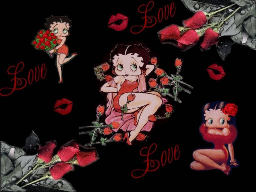 Betty Boop 角色與玫瑰和嘴唇在黑色背景上，帶有愛情文字。