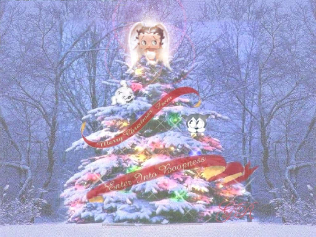 在雪地森林中，一棵裝飾著卡通角色的聖誕樹。