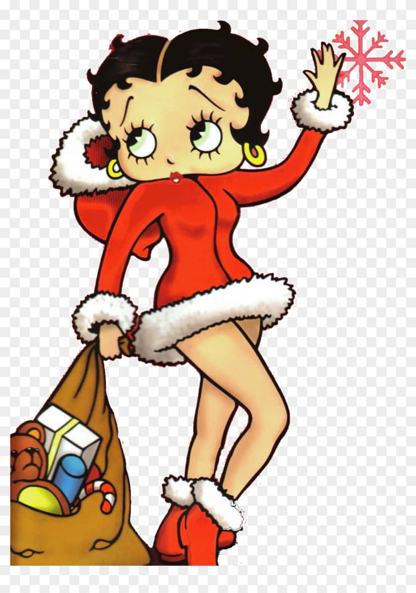 Betty Boop 穿著節日服裝，拿著一袋禮物並揮舞著雪花。