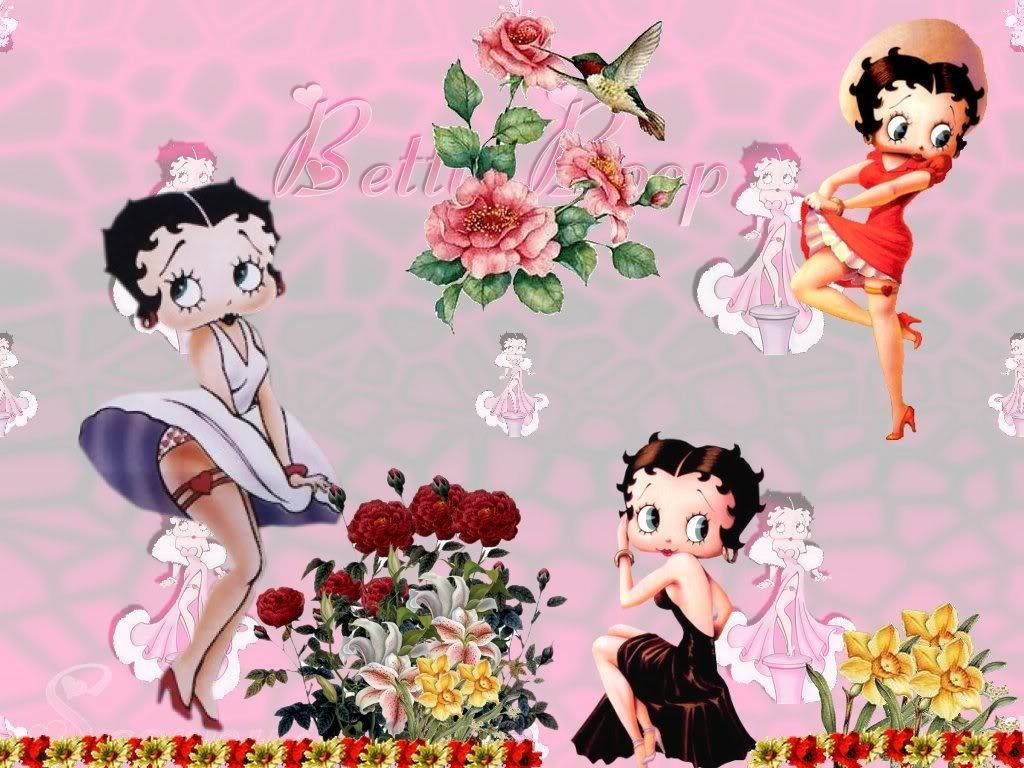 Betty Boop 卡通角色在盛開的花朵和蜂鳥之間。