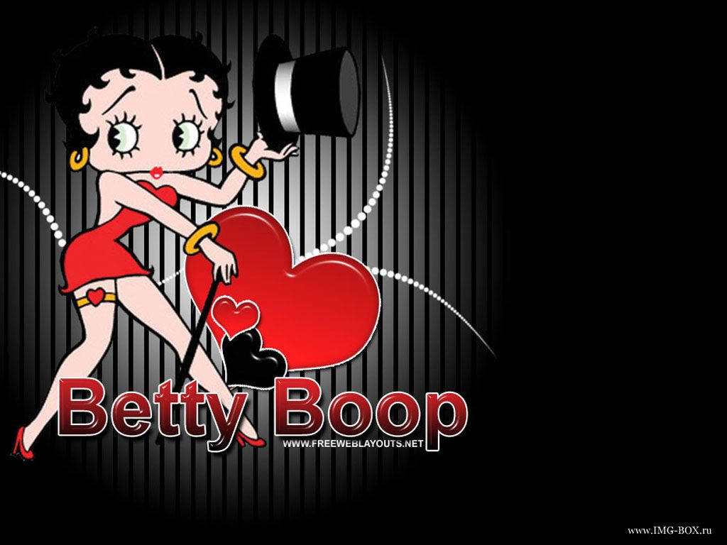 卡通角色 Betty Boop 與一個大紅心跳舞。