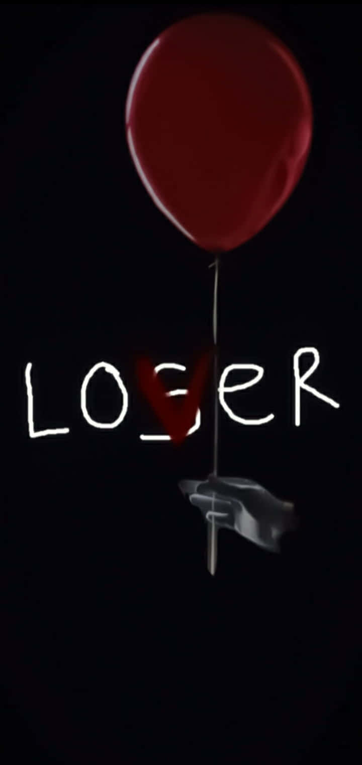 一個紅色氣球，戴著手套的手握著繩子，下方有LOSER字樣發光。