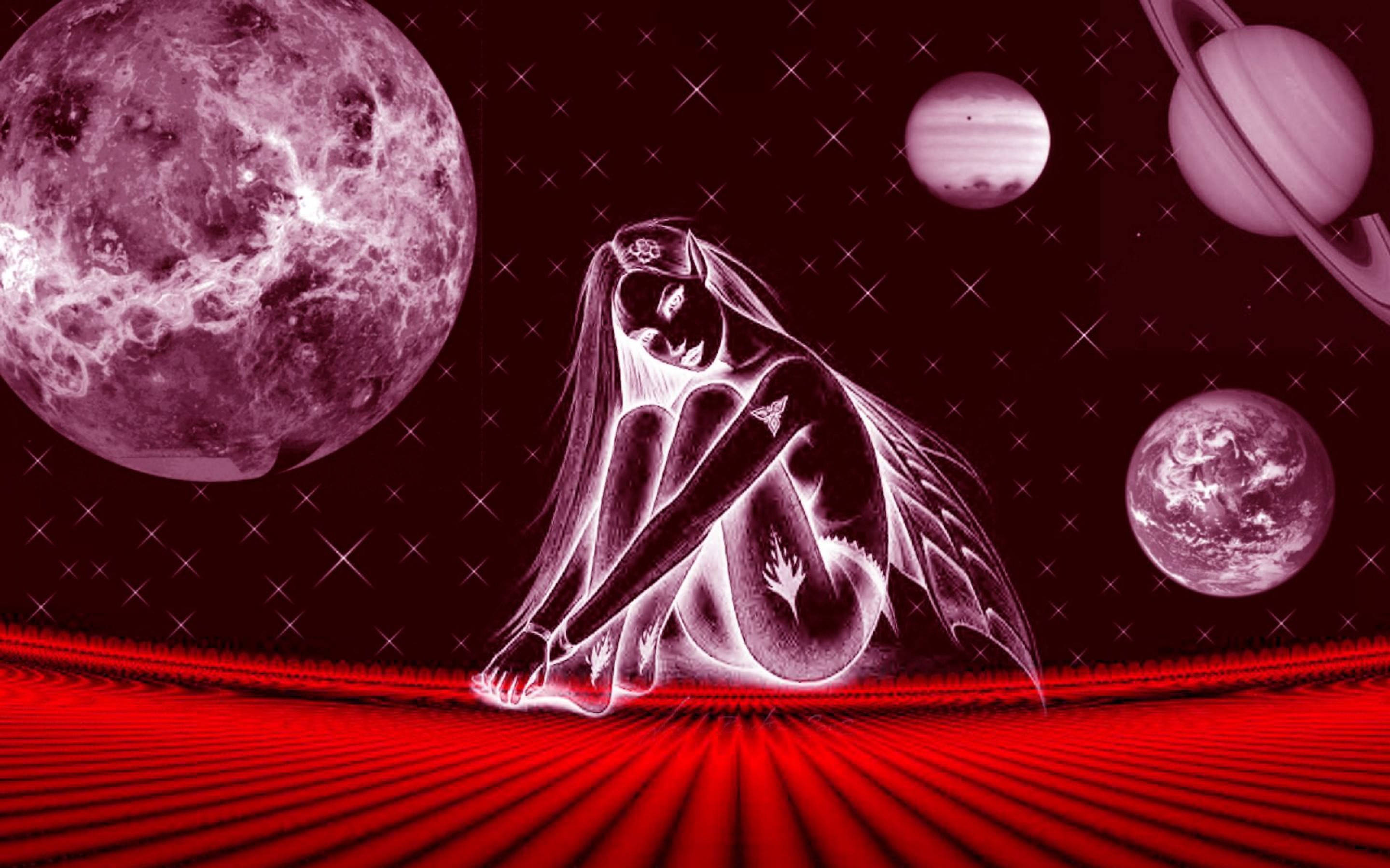 負片處女座女神 壁紙 — 一個發光嘅有翼人物坐喺紅色條紋地板上面，下面係有行星同彎月嘅星空。