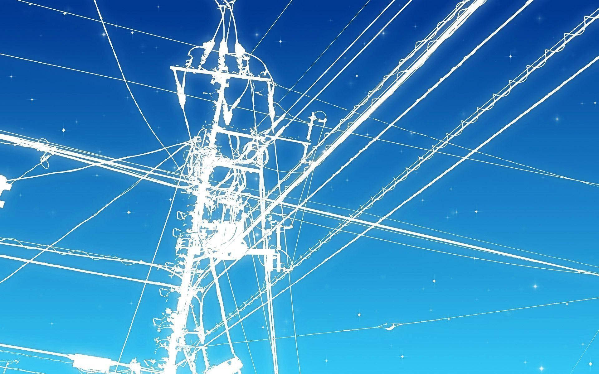 負空間電力塔 壁紙 — 一座白色的輸電塔和電纜在點綴著閃爍星星的鮮豔藍天下顯得格外醒目。