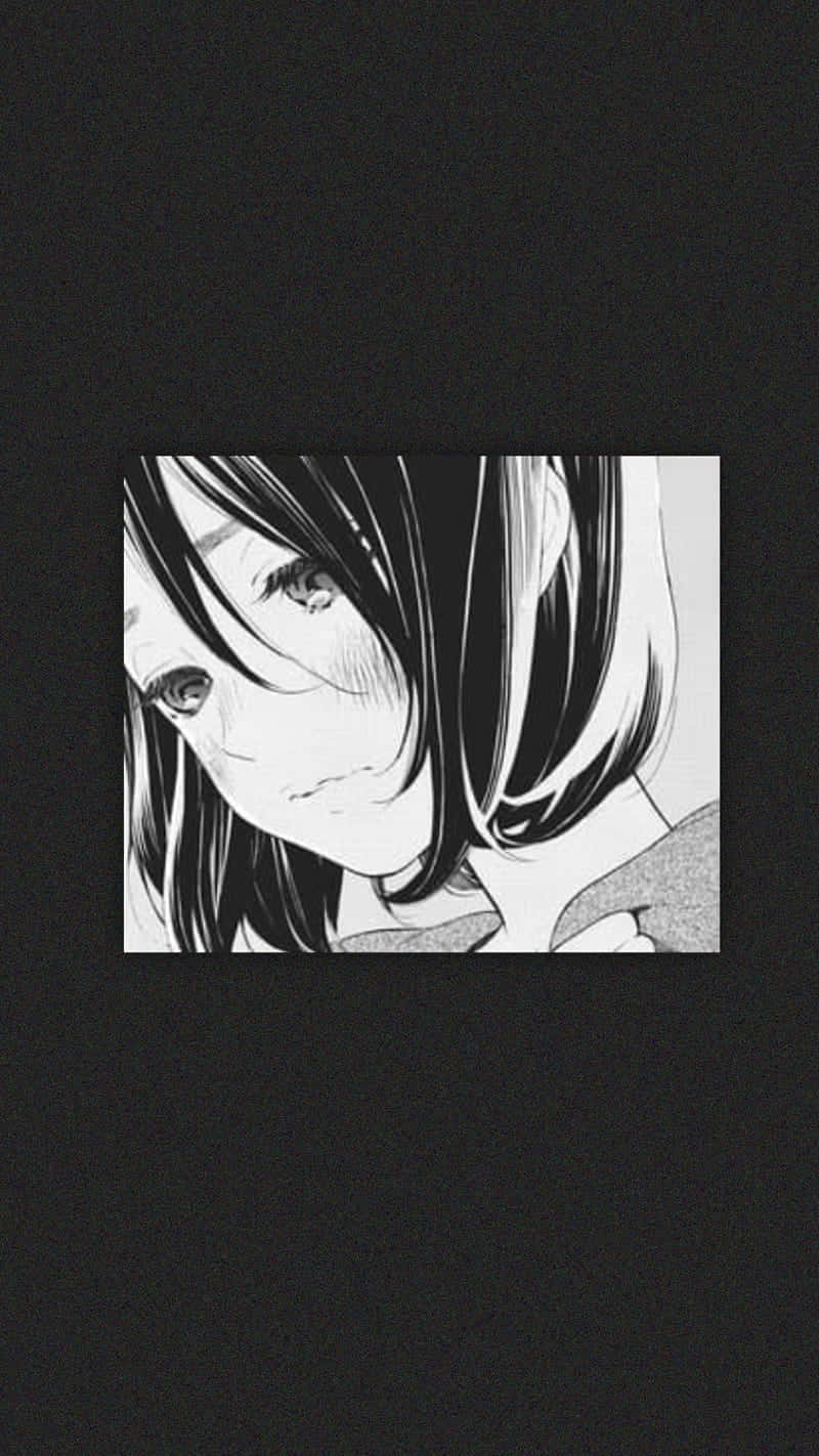 長髮動漫女孩在黑白肖像中向下看。