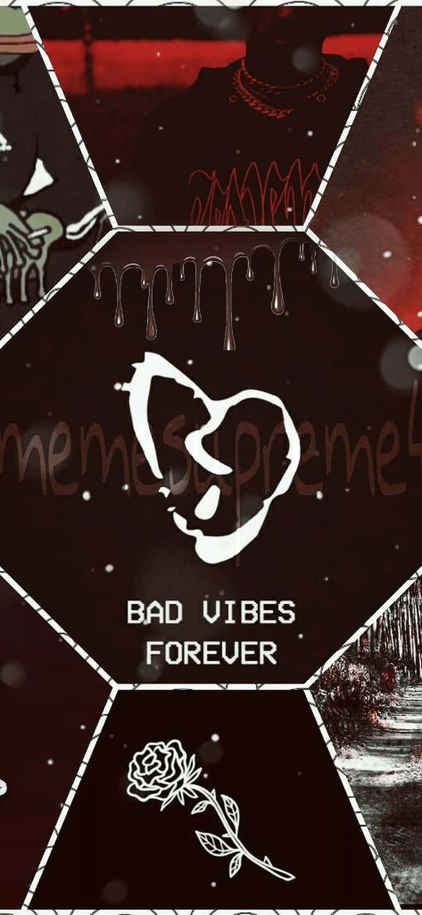 一個深色拼貼畫，包含骷髏頭、玫瑰、鏈條和寫著 bad vibes forever 的文字。
