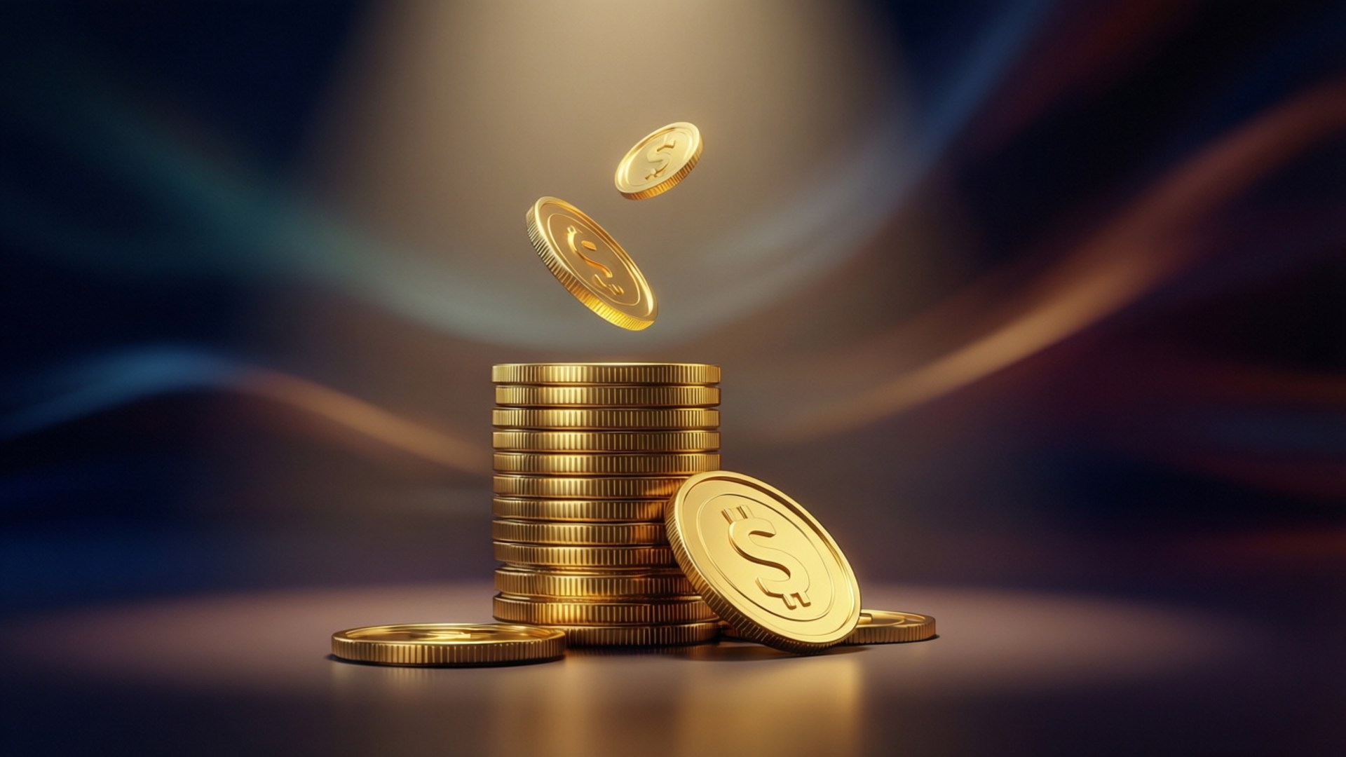 一堆金幣，更多金幣在聚光燈下漂浮在深色抽象背景上。