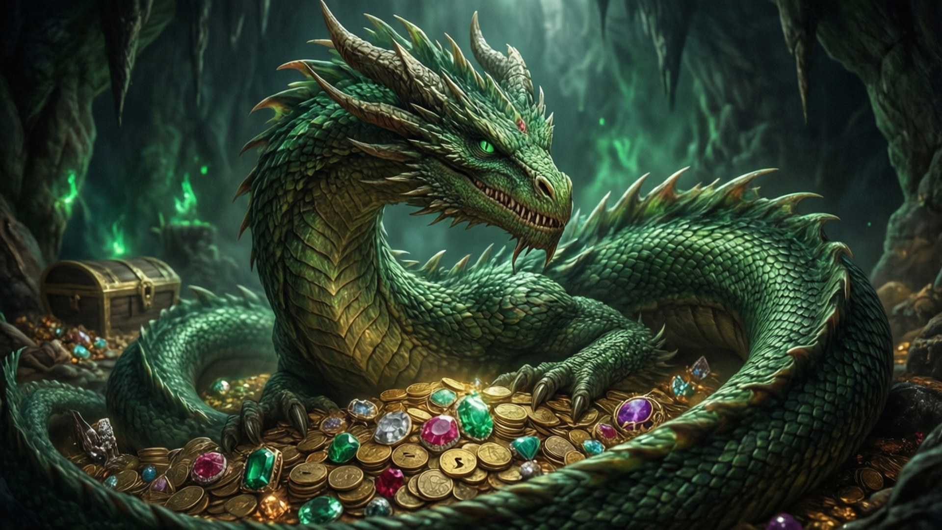 一條綠色龍在黑暗的洞穴中守衛著一堆金幣和彩色寶石。