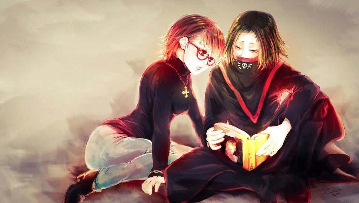 兩個動漫角色在迷霧溫暖的氛圍中分享一本書。