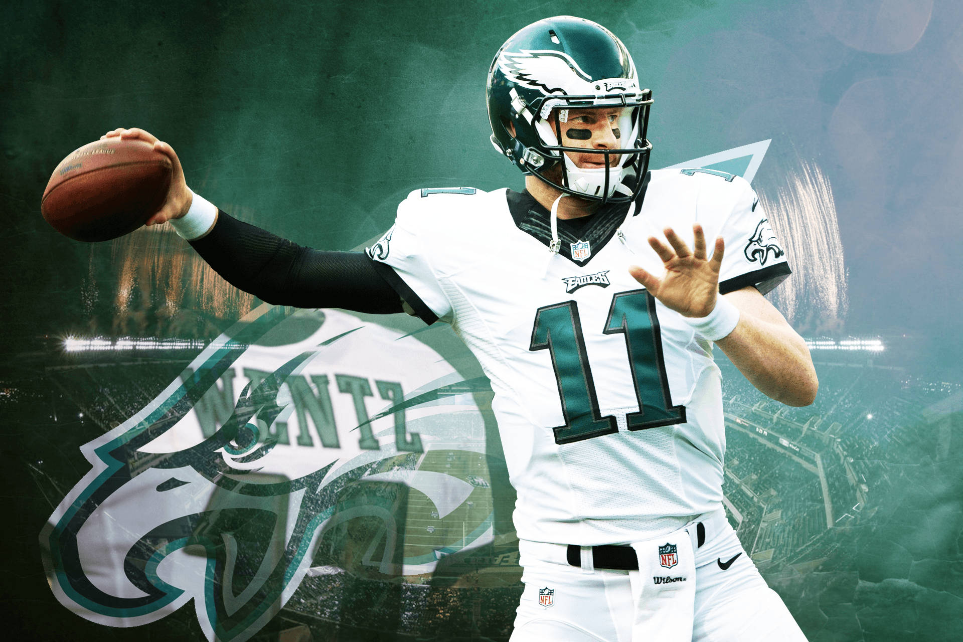 費城老鷹隊卡森·溫茲藝術 壁紙 — 費城老鷹隊四分衛 Carson Wentz 身穿白色11號球衣，在球場背景下擲球，附有球隊標誌。