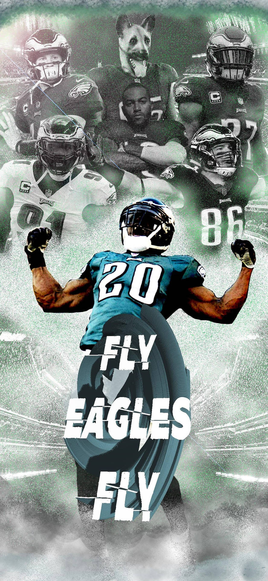 費城老鷹隊美式足球球員動作姿勢，附有「Fly Eagles Fly」文字。