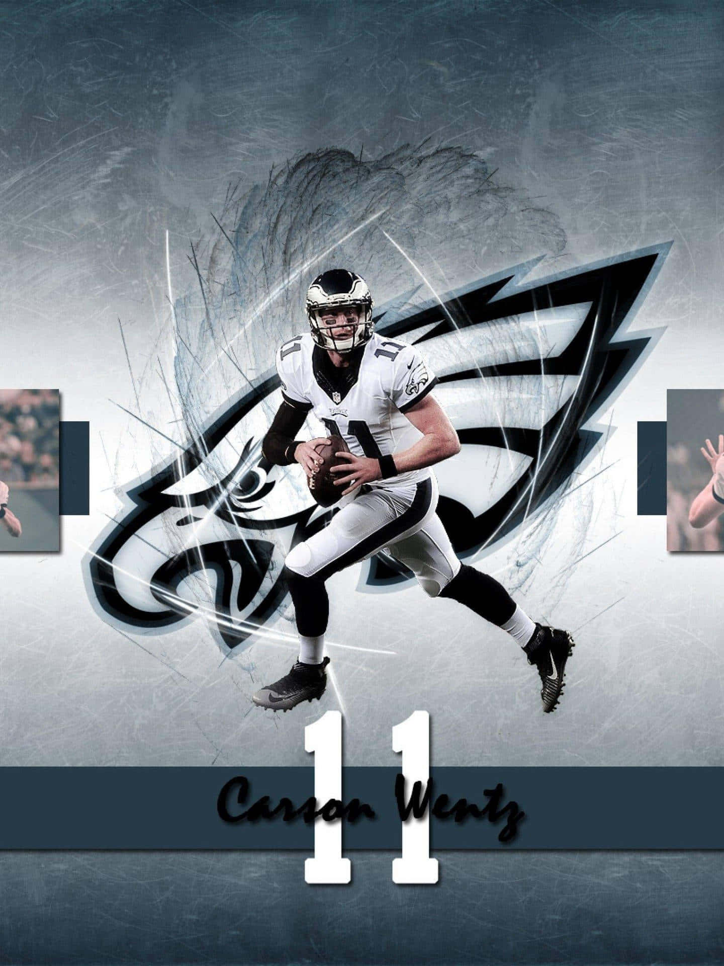 足球運動員 Carson Wentz 身穿老鷹隊球衣傳球。