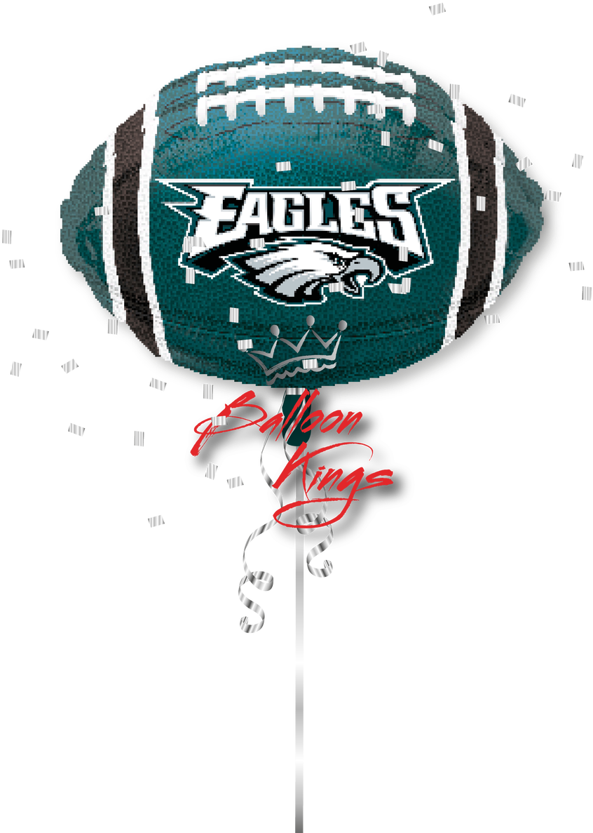 費城老鷹隊足球氣球 壁紙 — 一個青綠色和白色的Eagles足球氣球，帶有五彩紙屑和皇冠設計，漂浮在黑色背景上。