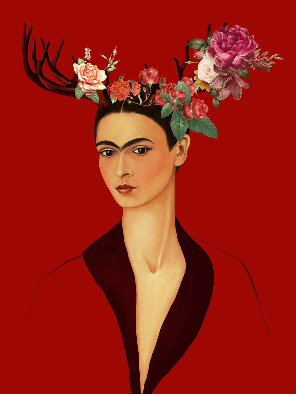 費拉·卡蘿風格墨西哥女性藝術作品 壁紙 — 一位女性，頭戴鹿角，裝飾著鮮豔的粉紅和紅玫瑰，背景為大膽的紅色。