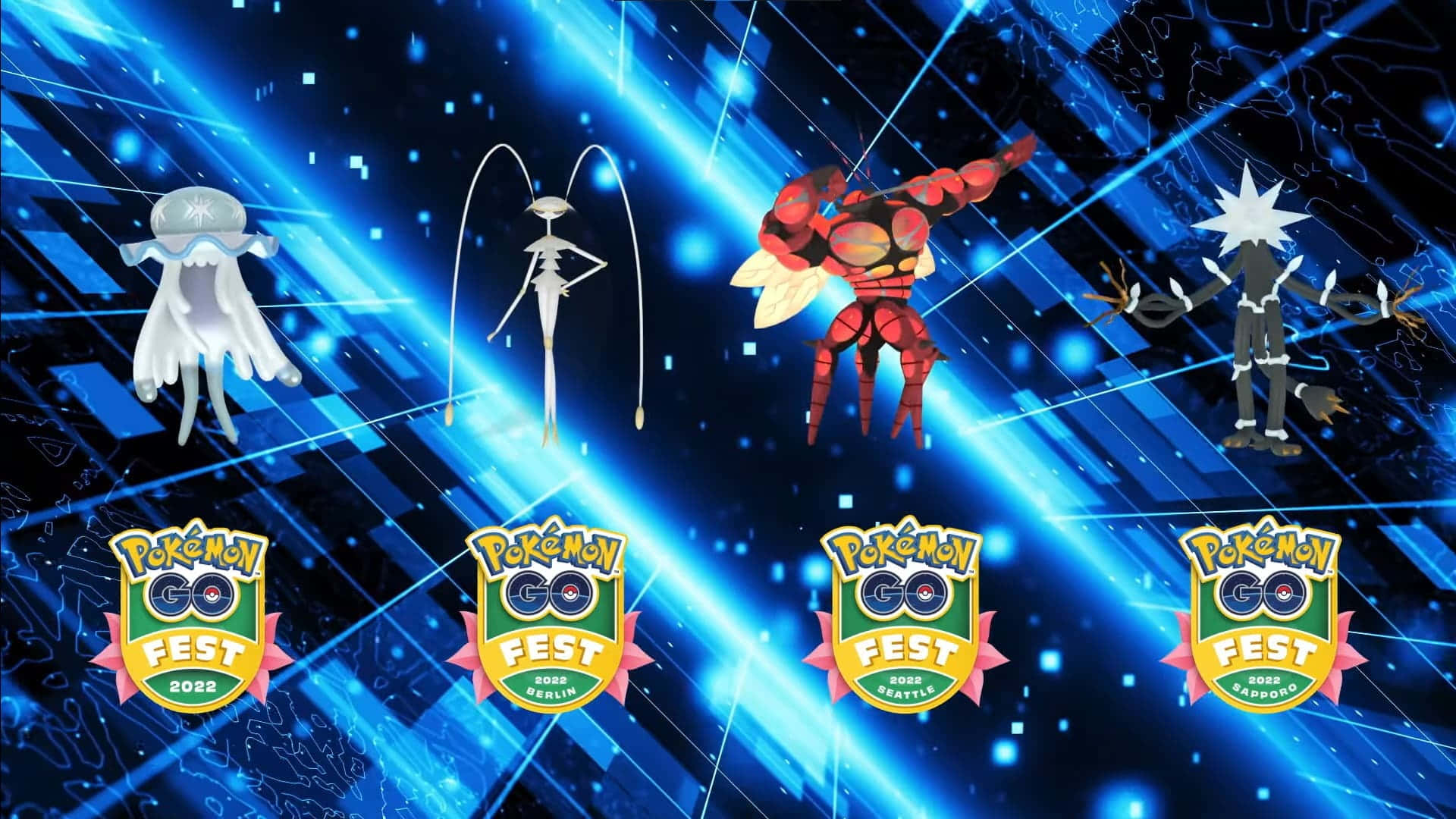 費洛摩薩於寶可夢GO節 壁紙 — 四隻發光的 Pokémon 漂浮在充滿活力的藍色數碼網格背景上，下方有 Pokémon GO Fest 2022 標誌。