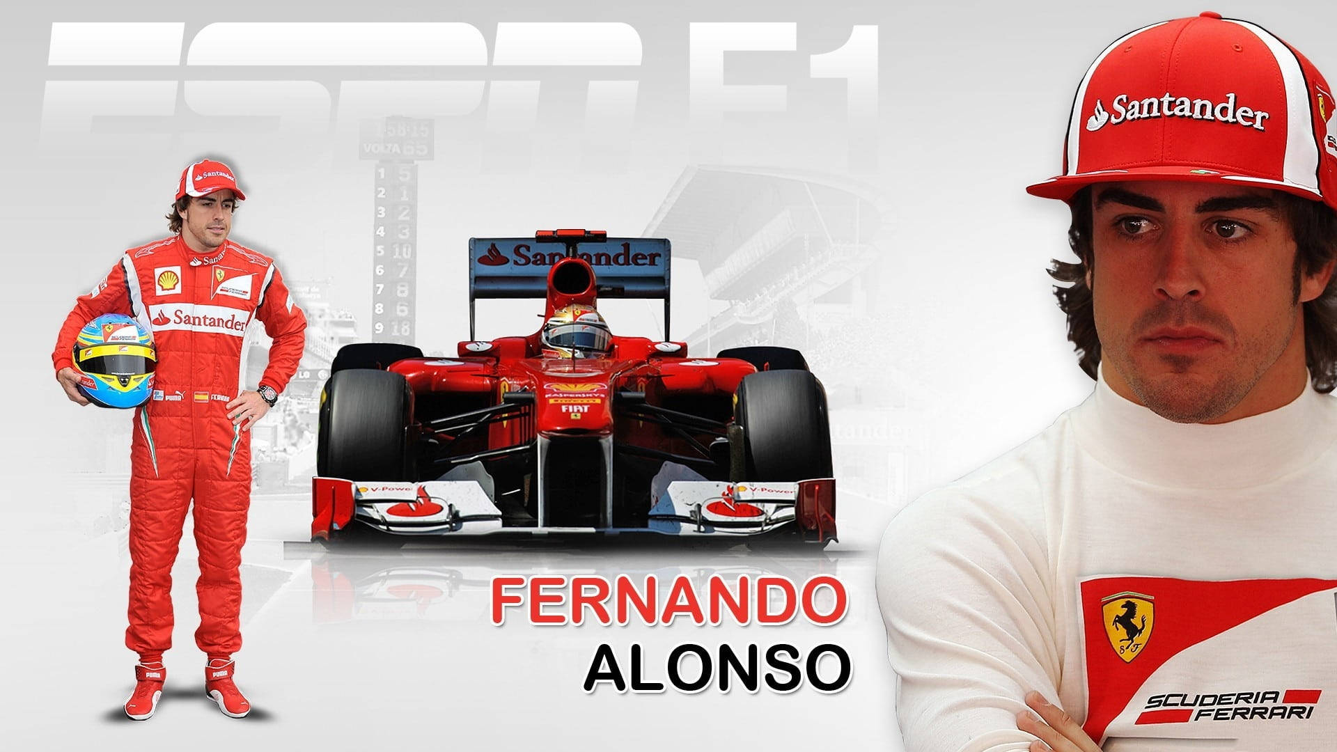 Fernando Alonso 桌布 壁紙 — 費蘭度·阿朗素身穿紅色法拉利賽車裝備，站在他的紅色一級方程式賽車旁，賽車上有贊助商標誌，背景是模糊的賽道。