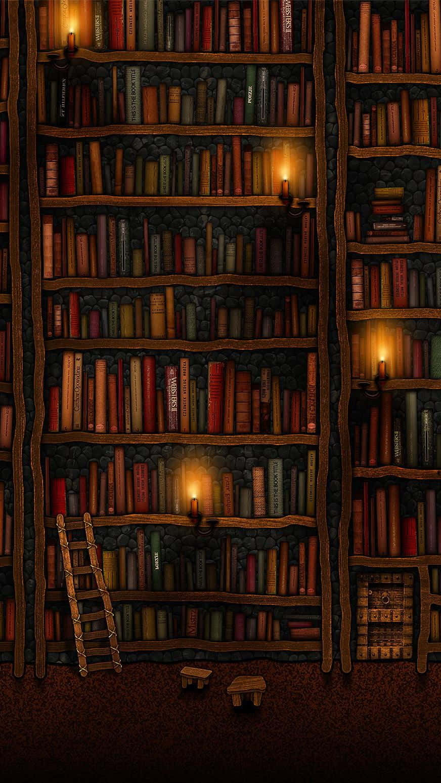 燈光昏暗的石造圖書館，有高高的書架和木梯。