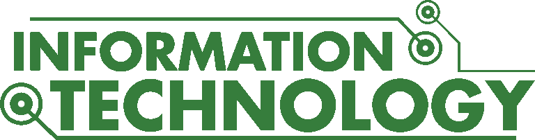 資訊科技標誌 壁紙 — 粗體綠色「INFORMATION TECHNOLOGY」文字，設計成帶有發光節點和線路的電路板。