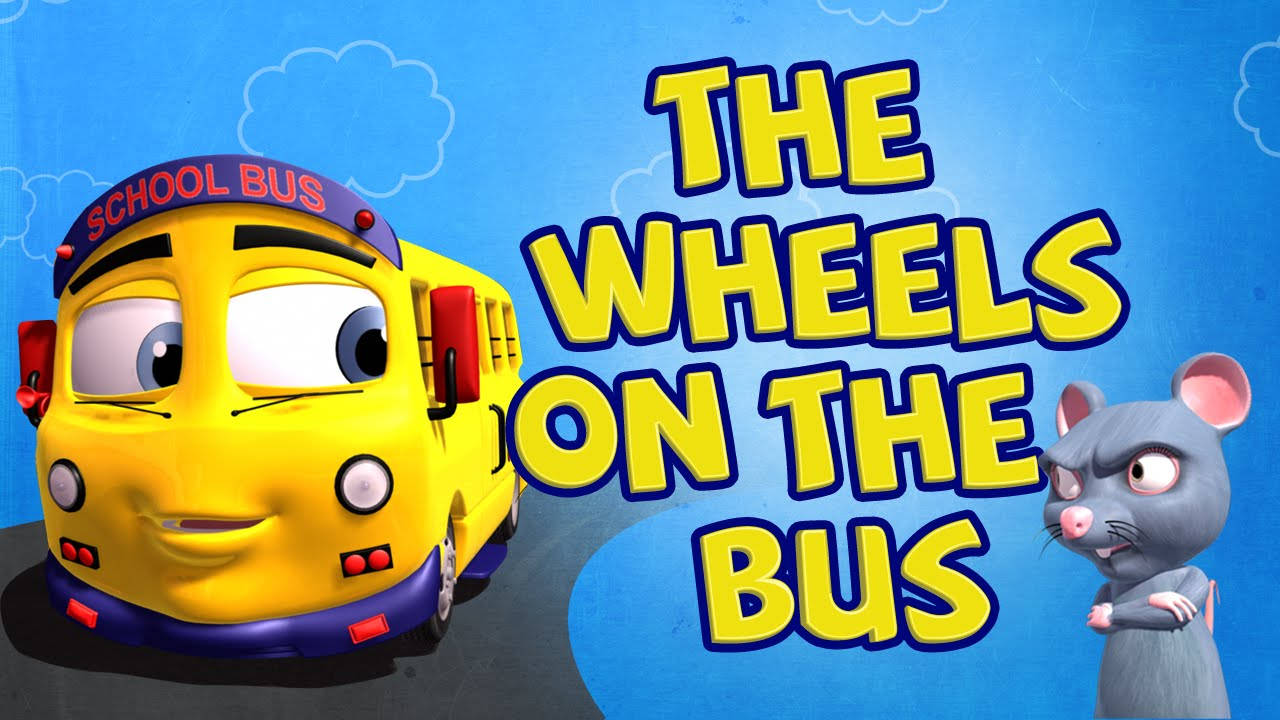 黃色校巴和灰色老鼠，藍天背景上寫著「The Wheels on the Bus」。