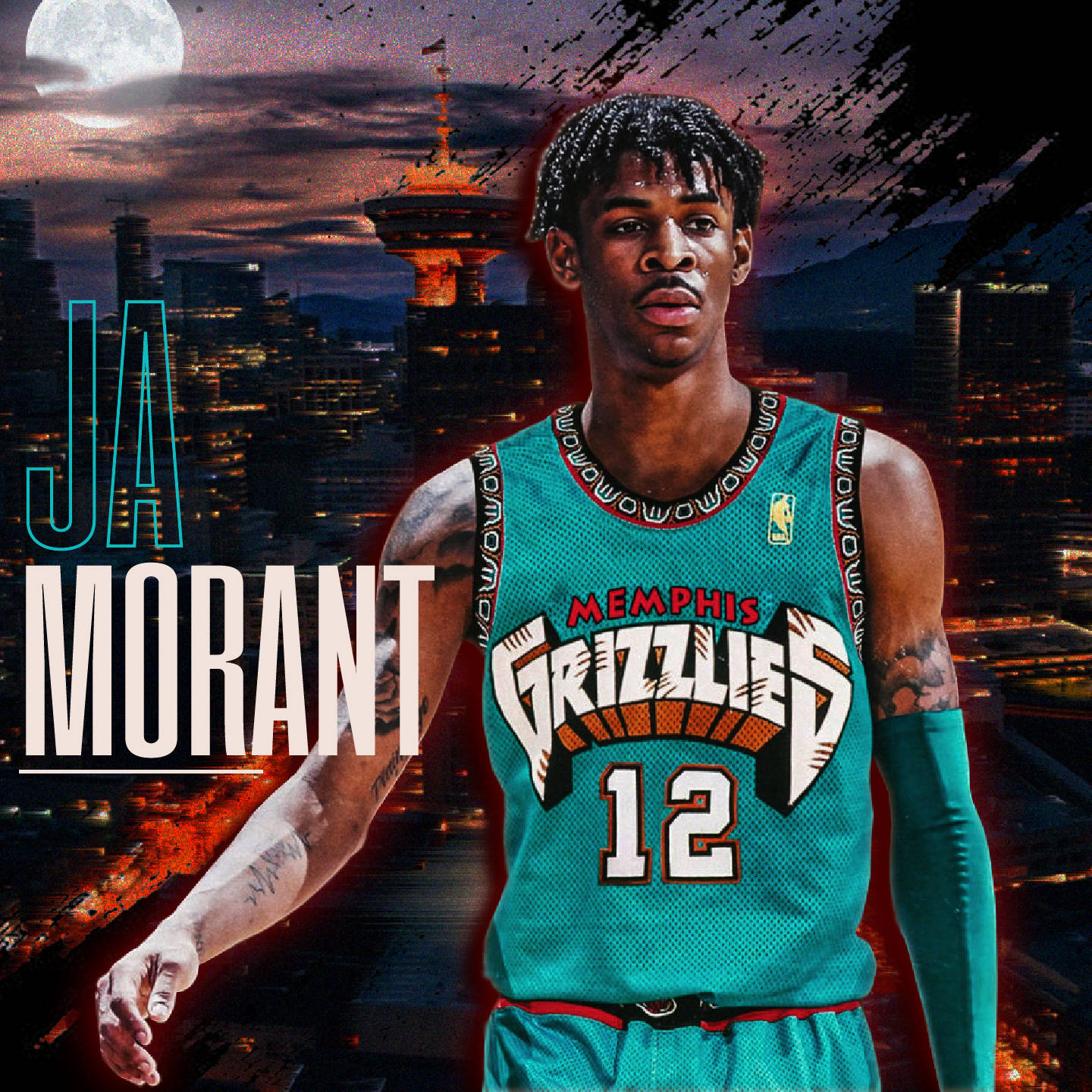 Ja Morant 身穿孟菲斯灰熊隊球衣，在滿月下以夜間城市天際線為背景。 — 莫蘭特 壁紙