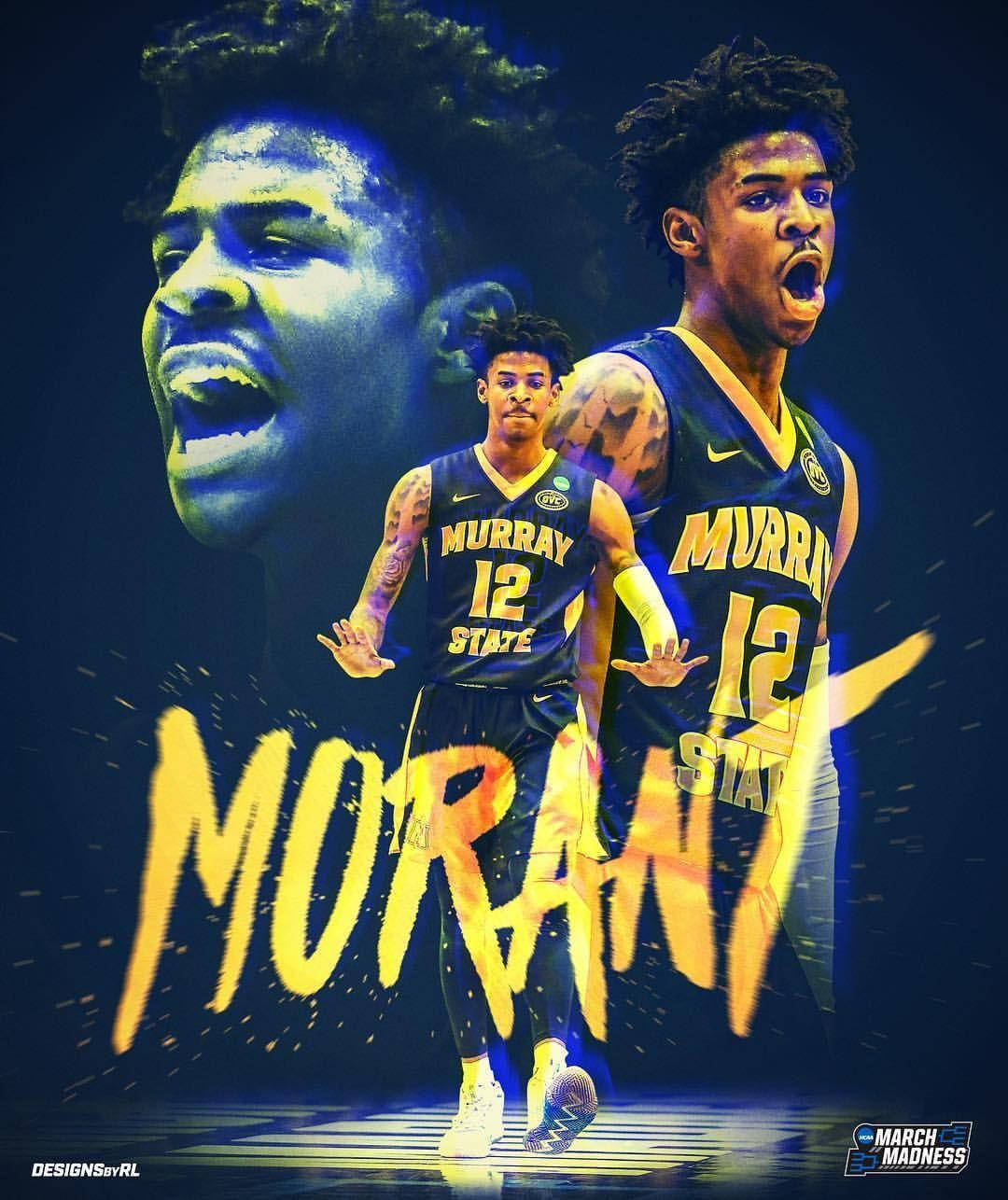 Ja Morant身穿籃球服，身後有發光的黃色文字在慶祝。 — 莫蘭特 壁紙