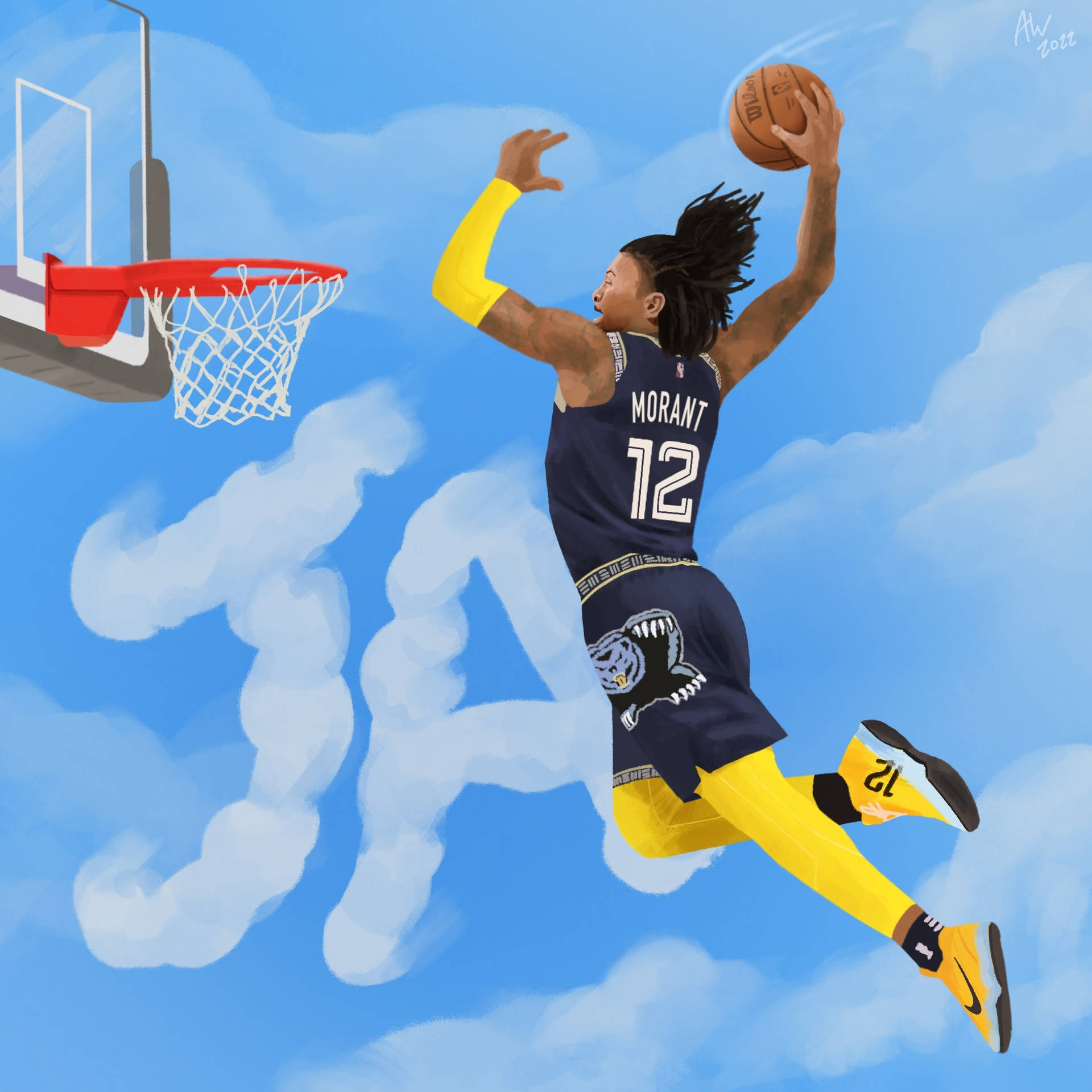 籃球運動員在半空中扣籃，背景是藍天白雲。 — 籃球 壁紙