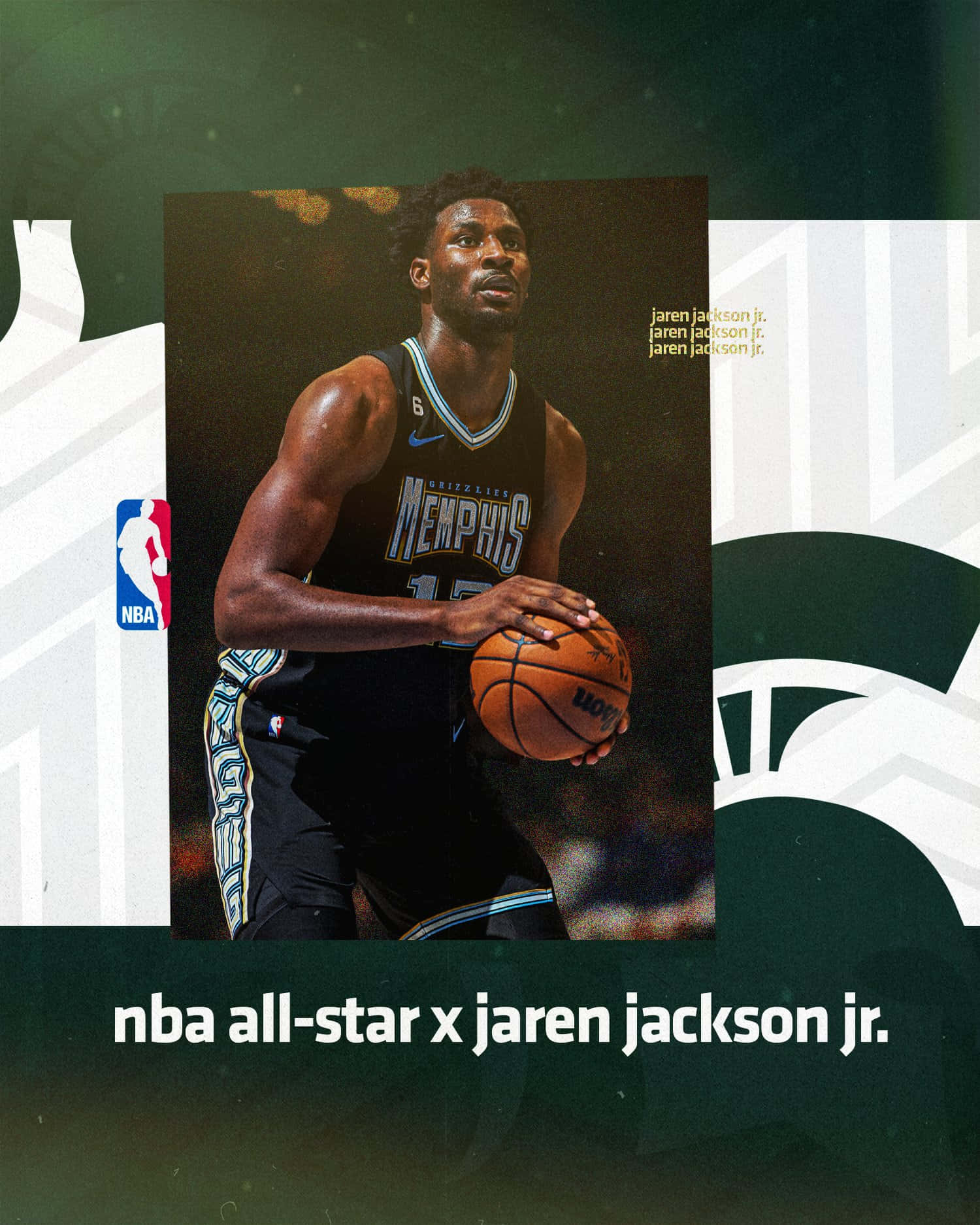 NBA全明星Jaren Jackson Jr.身穿孟菲斯灰熊隊制服，拿著籃球。